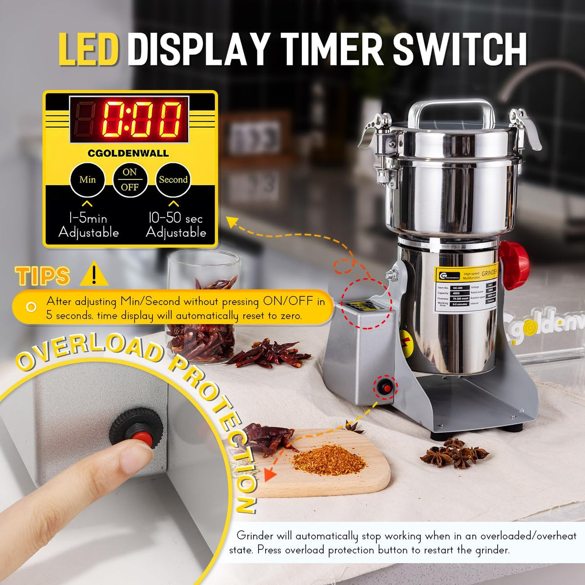 CGOLDENWALL LED Display Graan Molen Grinder Elektrische 800g Swing Type Droog Spice Kruid Granen Koffie Molen Hoge Snelheid 28000RPM/2400W Motor met Timer, Overbelasting Bescherming