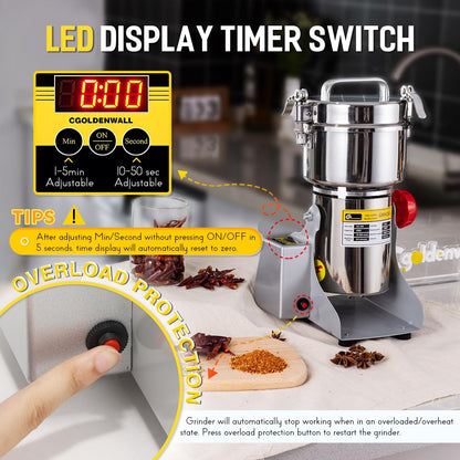 CGOLDENWALL LED Display Graan Molen Grinder Elektrische 800g Swing Type Droog Spice Kruid Granen Koffie Molen Hoge Snelheid 28000RPM/2400W Motor met Timer, Overbelasting Bescherming