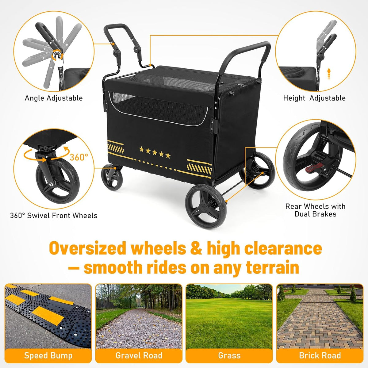 Heavy Duty hondenkinderwagen met opvouwbare helling, gemakkelijke toegang voor oudere of gewonde honden, huisdierbuggy met verstelbare handgrepen, ondersteunt tot 80 kg, zwart