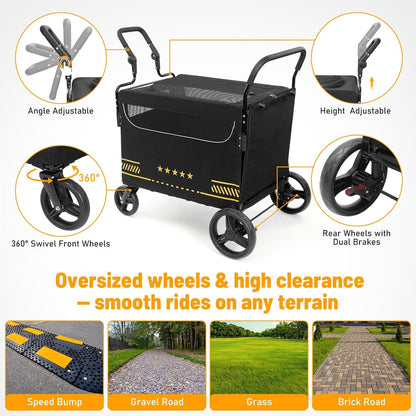Heavy Duty hondenkinderwagen met opvouwbare helling, gemakkelijke toegang voor oudere of gewonde honden, huisdierbuggy met verstelbare handgrepen, ondersteunt tot 80 kg, zwart