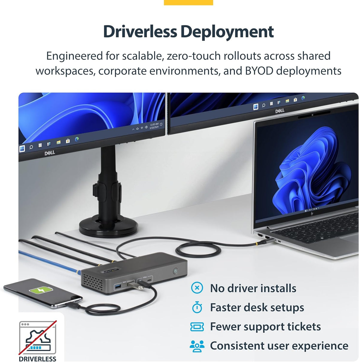 StarTech Dual-Monitor USB-C Docking Station, HDMI, 4K 60Hz, 100W Laptop Charging, 1GbE, Driverless, Multi-Monitor Dock