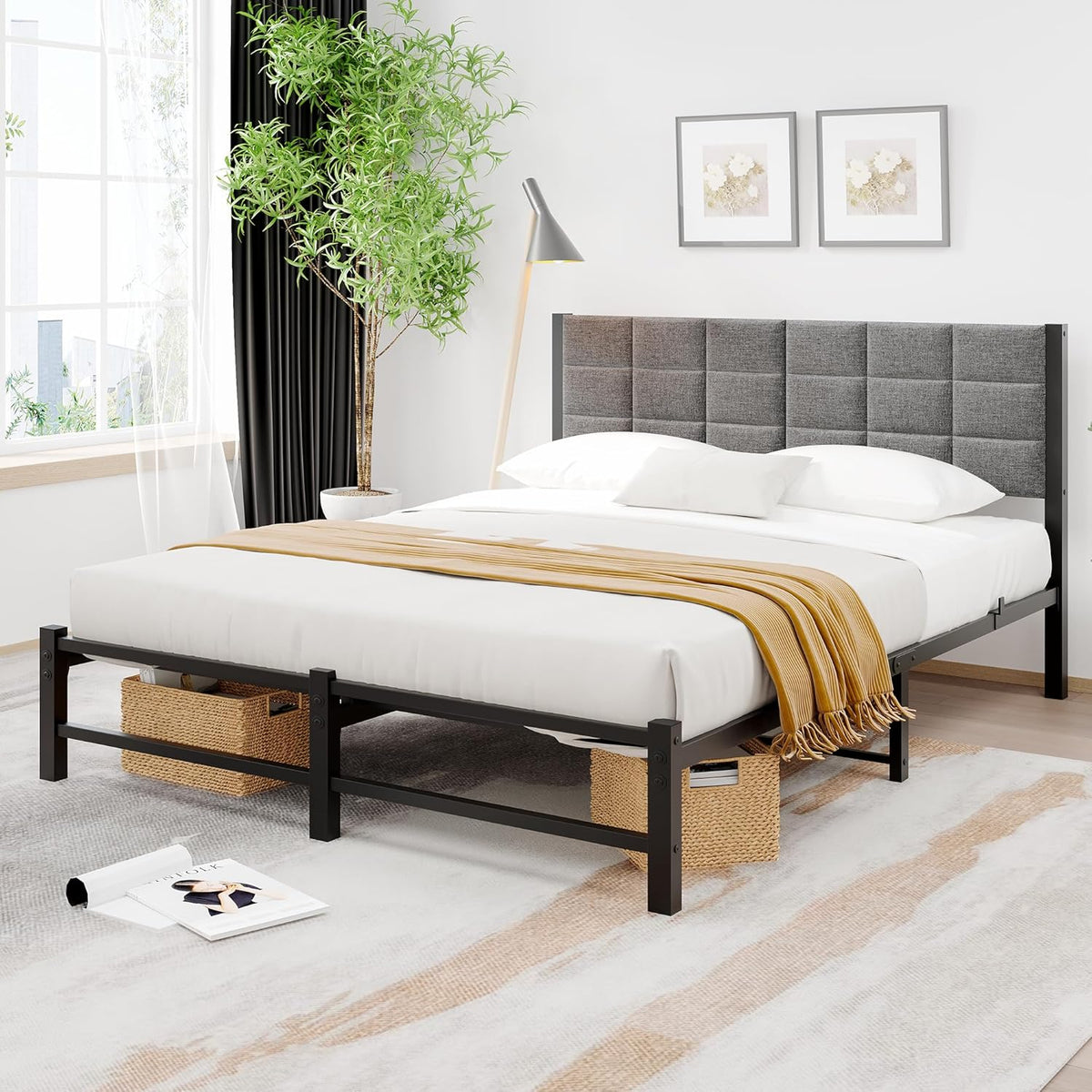 Bedframe, 120 x 200 cm met lattenbodem van metaal, gestoffeerd bed met opbergruimte, bedframe, tienerbed, tweepersoonsbed met hoofdeinde, voor slaapkamer, logeerkamer, donkergrijs