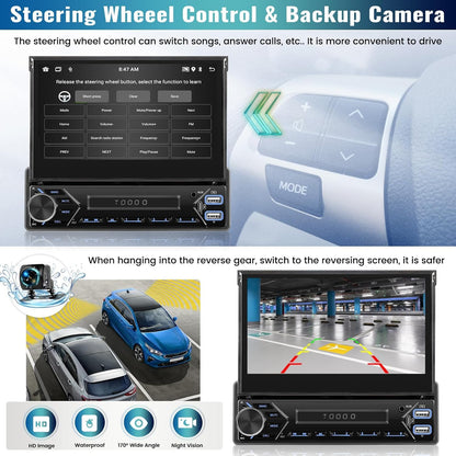 Android-autoradio 13 2G + 64G 1 Din met Wireless Carplay Android Auto, 7 inch flip-out touchscreen Bluetooth autoradio met Mirror Link WiFi GPS SWC FM RDS USB + achteruitrijcamera + MIC
