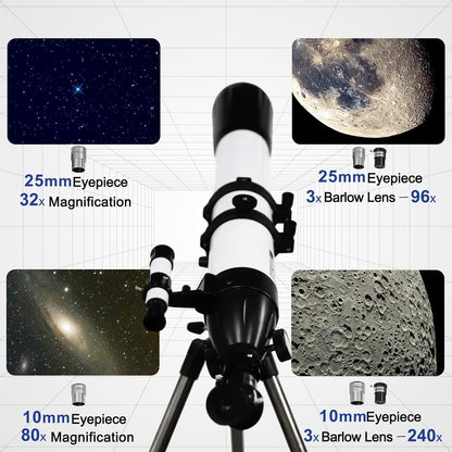 Astronomische telescoop voor volwassenen, professioneel, 800/90 mm, AZ Mount, krachtige refractortelescoop voor kinderen en beginners, draagbaar, met tas en statief