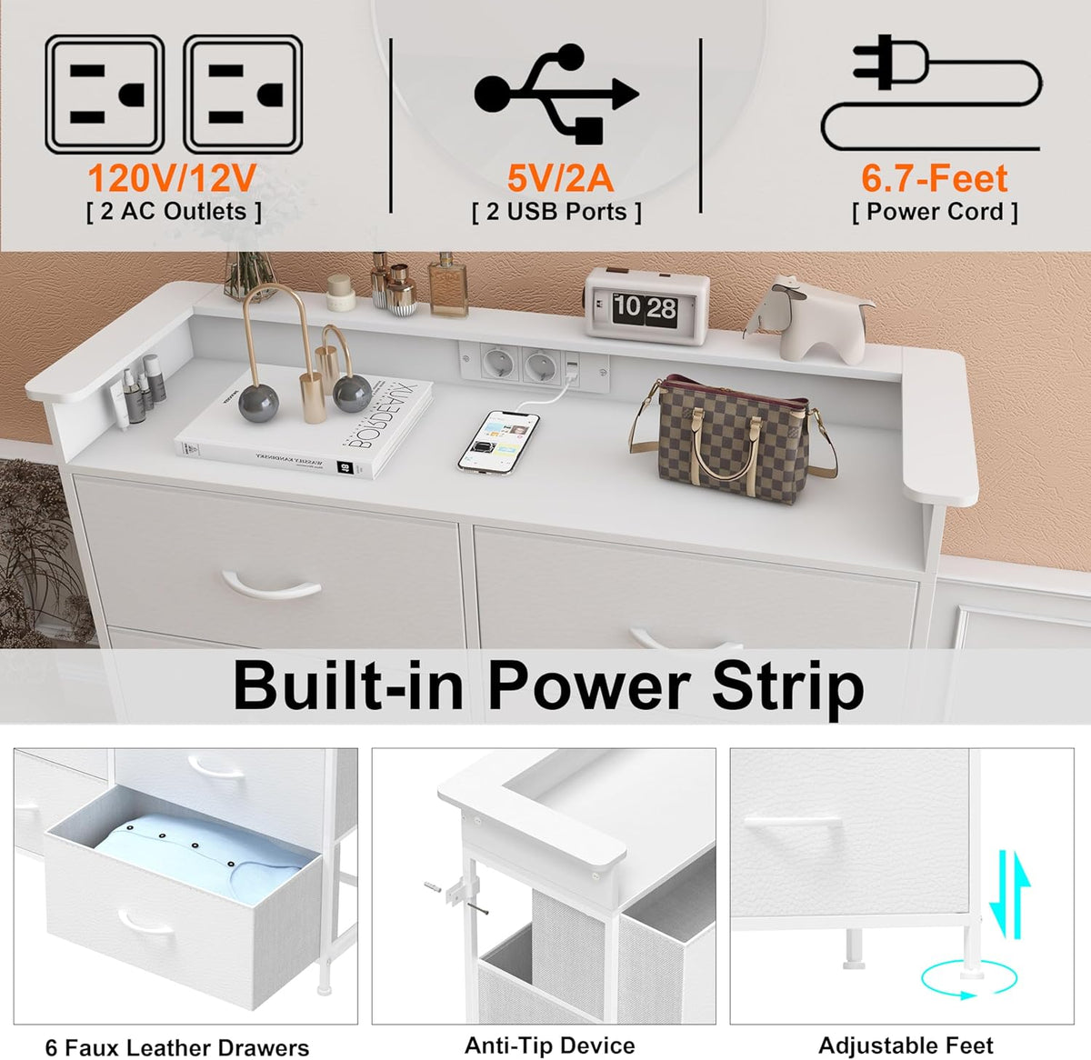 VEDECASA Commode met 6 laden en LED-verlichting. Dressoir met 2 USB-poorten & 2 stopcontacten. Opbergtoren met kast voor slaapkamer, woonkamer en hal, metalen frame, houten plaat