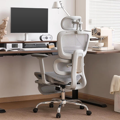 Ergonomische Bureaustoel met Voetensteun - 5-Zones Verstelbare Rugleuning, 2D Lendensteun, 3D Arm-/Hoofdsteun, 145° Kantelfunctie + Ademend Net voor Kantoor/Thuiswerk/Studie, Grijs
