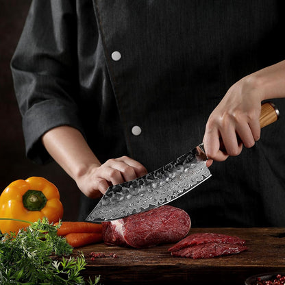 Wakoli Olive HS Damast Grill blokmes van echt damaststaal (VG10 kern), 20 cm lemmet, scherp en ergonomisch, damastmes met olijfhouten handvat in houten box, keukenmes en vleesmes voor grill