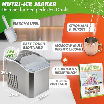 Nutrilovers NUTRI-ICE MAKER roestvrij stalen ijsblokjes 2 maten (S/L) incl. Moscow Mule beker & receptenboek