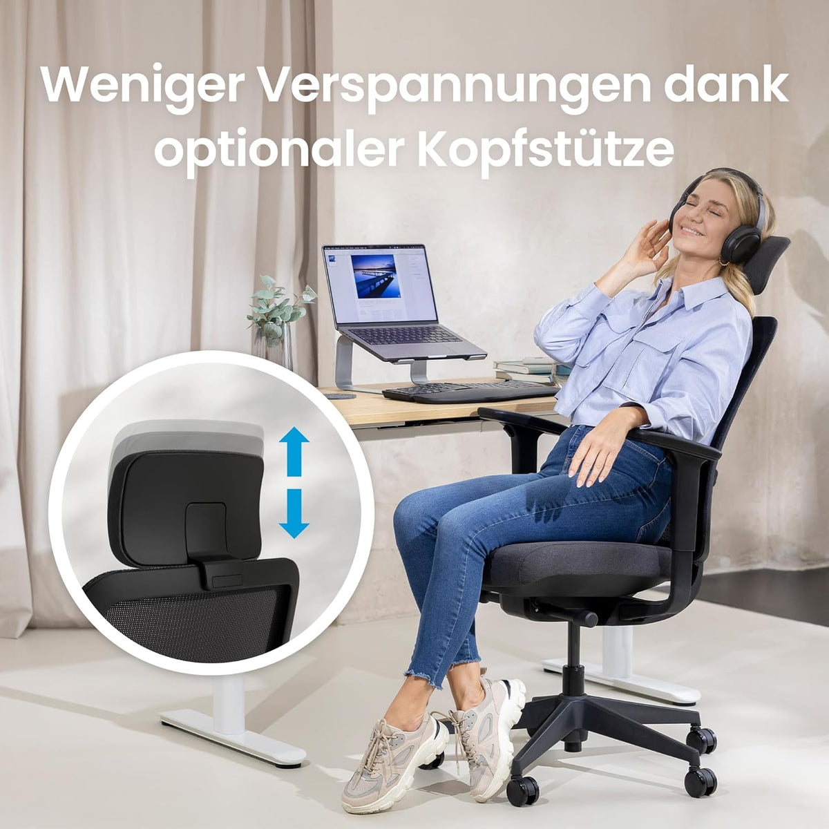 Ergotopia PureBack Ergonomische bureaustoel met hoofdsteun, 4D-armleuningen en synchroonmechanisme, voor thuiskantoor, kantoor en gaming, comfortabele draaistoel voor gezond zitten