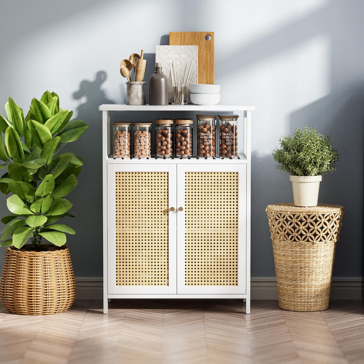 Bathroom Floor Stand Cabinet, Bamboo Storage Organizer Table with 2 Rattan Doors and 1 Shelf, Wooden Side Cabinet for Hallway, Laundry, Kitchen, Living Room (White)