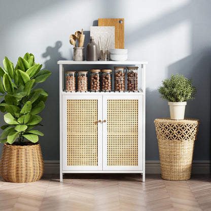 Bathroom Floor Stand Cabinet, Bamboo Storage Organizer Table with 2 Rattan Doors and 1 Shelf, Wooden Side Cabinet for Hallway, Laundry, Kitchen, Living Room (White)