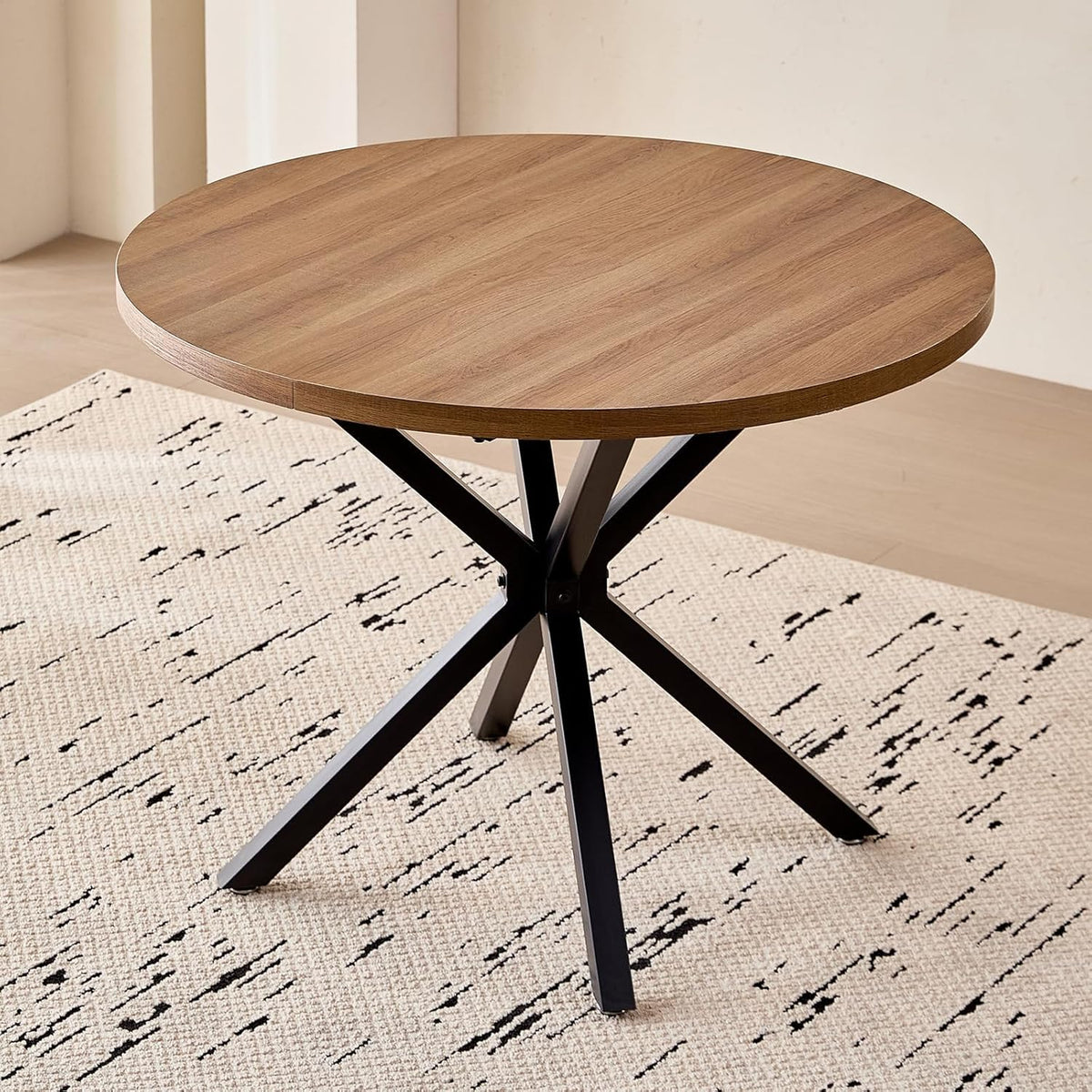 Ronde Eettafel – Eettafel Rond – Keukentafel – Tafel Voor Appartement – Compacte Ronde Tafel – MDF Donker Houtnerf – Stevig X-Onderstel Met Verstelbare Voeten