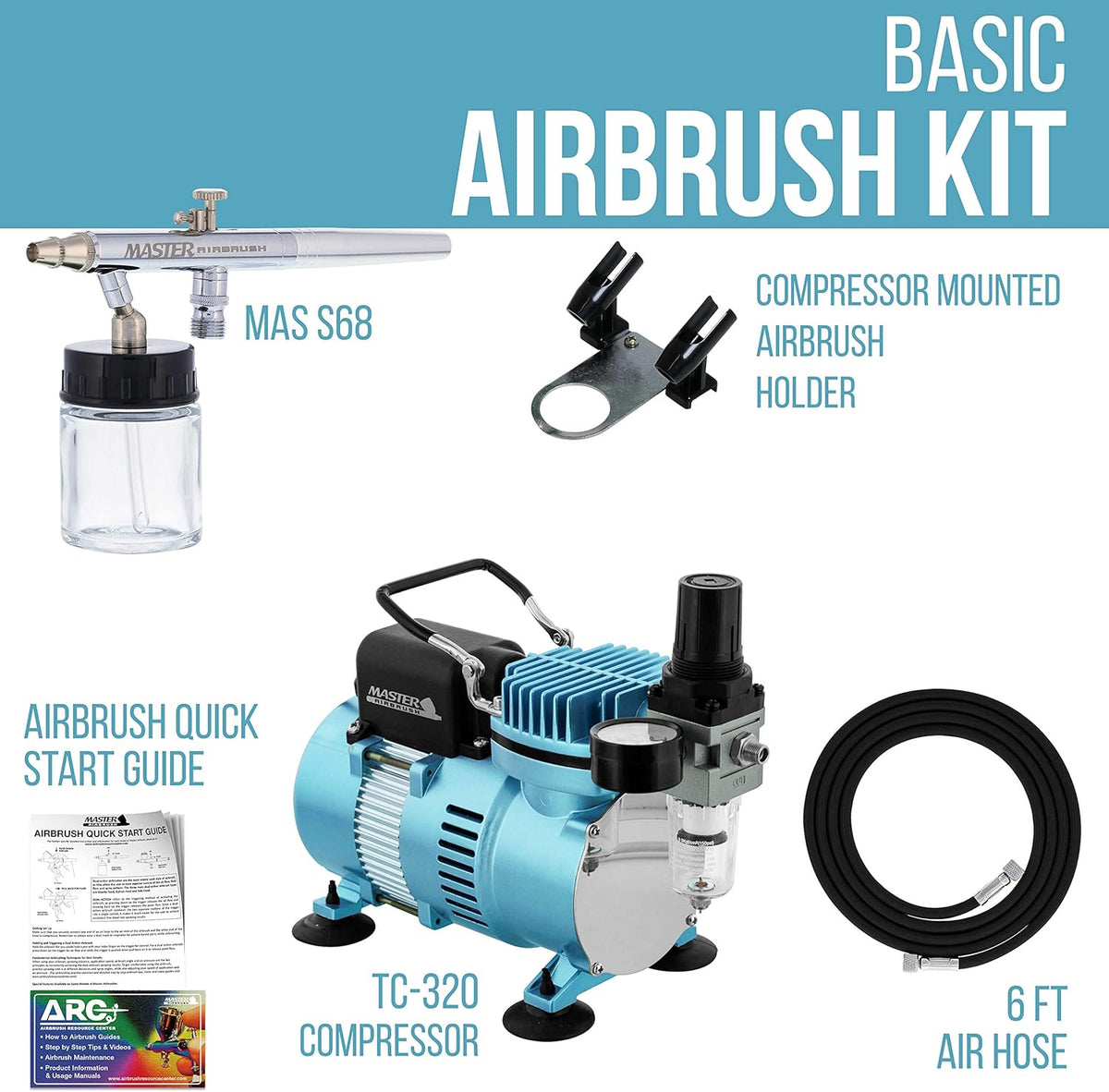 Master Airbrush Multi-Purpose Airbrushing System Kit with Siphon Feed Dual-Action Airbrush 0.35 mm Tip, 3/4 oz Fluid Cup, Pro 1/5 hp Cool Runner II Dual Fan Air Compressor - Hose, Holder, How To Guide