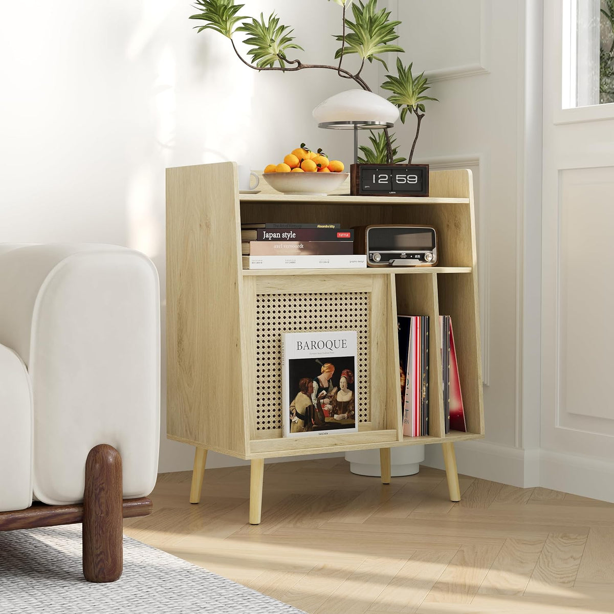Draaitafel Tafel Groot – Platenspeler Meubel – Platenkast – Vinyl Opbergkast – Platenrek – Rotan Kastdeuren Met Verborgen Vinyl Opbergruimte – Massief Houten Poten