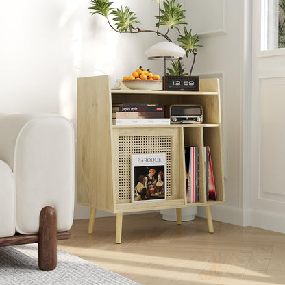 Draaitafel Tafel Groot – Platenspeler Meubel – Platenkast – Vinyl Opbergkast – Platenrek – Rotan Kastdeuren Met Verborgen Vinyl Opbergruimte – Massief Houten Poten
