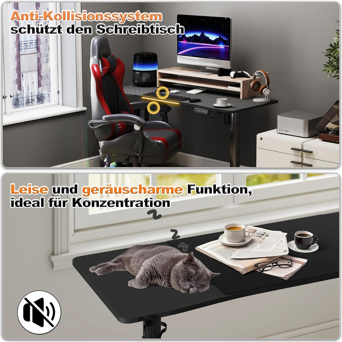 Height Adjustable Desk, 140 x 60 cm, Electric Computer Table, Desk Table with Type C Charging Port, Headphone Hook and Cup Holder, Electric Standing Table with Memory Function - QUORE