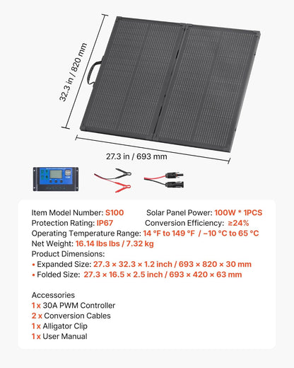 VEVOR Opvouwbaar zonnepaneel 100 W met frame, draagbaar monokristallijn fotovoltaïsch paneel type N met 16 BB, zonne-oplader IP67 waterdicht met PWM-controller 30 A MC4-uitgang