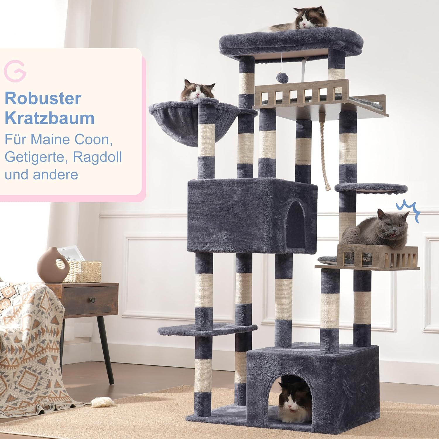 Large Cat Scratching Post for Large Adult Cats, 174 cm Cat Scratching Post with Hammock, 2 Large Sitting Bars, 2 Cat Caves, 15 Scratching Bars, Smoke Grey GCT033G - QUORE