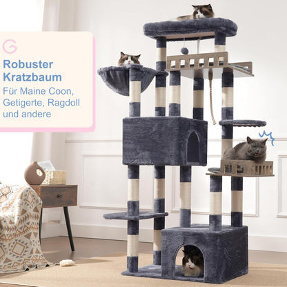 Large Cat Scratching Post for Large Adult Cats, 174 cm Cat Scratching Post with Hammock, 2 Large Sitting Bars, 2 Cat Caves, 15 Scratching Bars, Smoke Grey GCT033G - QUORE