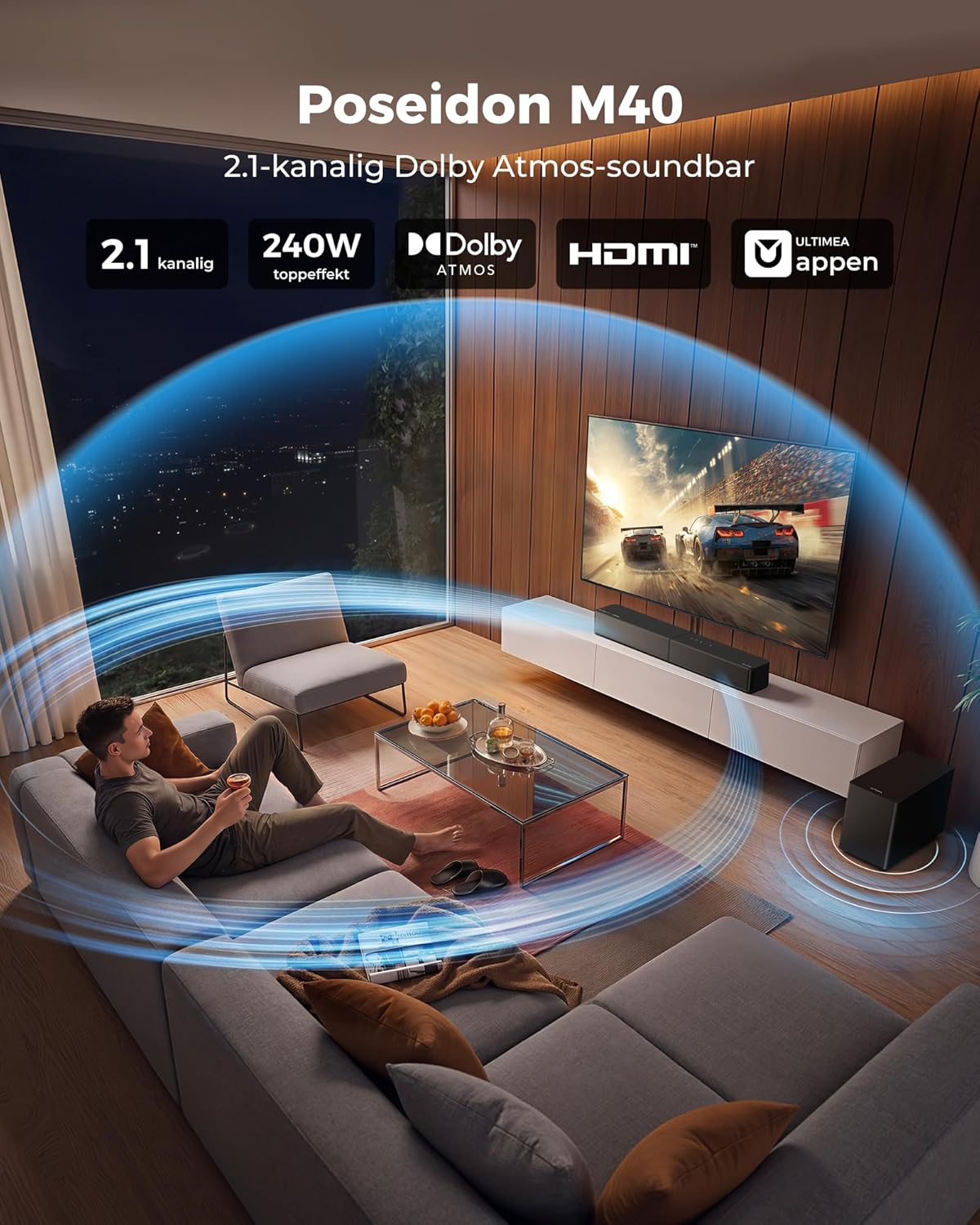 ULTIMEA 2.1 Soundbar met draadloze subwoofer, Dolby Atmos, VoiceMX, BassMX, soundbar voor Smart TV, 240 W piekvermogen, app-bediening, HDMI eARC, Optisch, Bluetooth 6.0, Poseidon M40, model 2026