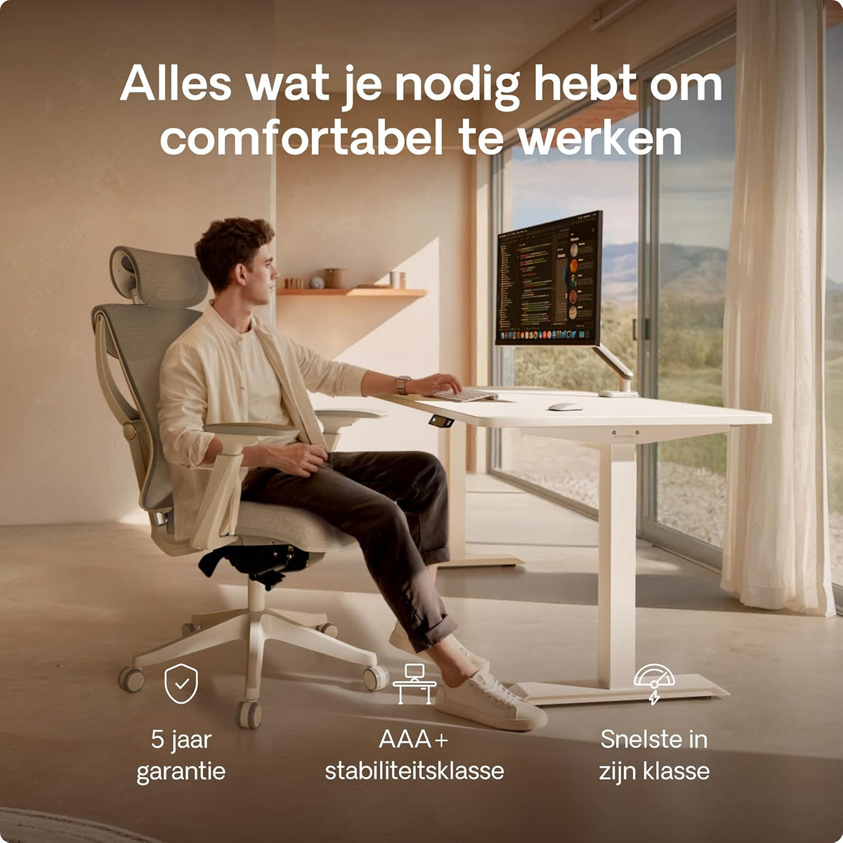 Desktronic Desk HomeOne - Height Adjustable 140 x 70 cm - Fast Twin-Motor Standing Desk - Very Stable Electric Standing Desk - One-Piece Table Top Standing Desk - Touch Screen Control - QUORE