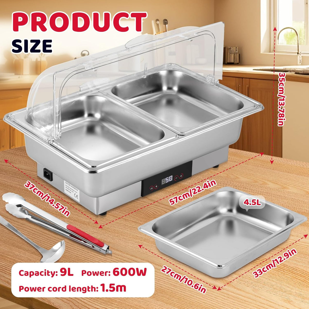 YUCHENGTECH Elektrische Chafing Dish Buffetset 9L Roestvrijstalen Chafing Dishes Voedselverwarmers met Temperatuurregeling en Doorzichtig Roldeksel voor Catering, Bruiloften, Restaurants