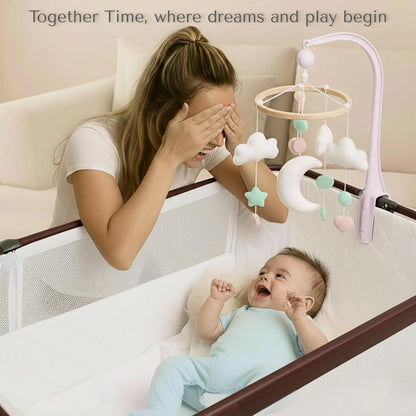 SnooBee Next To Me bijzetbed & kinderbed, vrijstaand, 6 hoogteniveaus, wielen, matras, zijpanelen van ademend mesh met muggennet, opvouwbaar met tas (0-6 maanden), wit/bruin