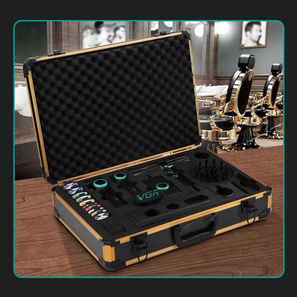 VGR Professional Barber Combo van Tondeuse, Trimmer, Foliescheerapparaat en Ionische Föhn, 4-in-1 Compleet Set met Krachtige Upgraded Motor, Oplaadstation, LED-display, Luxe Opbergkoffer, Rood