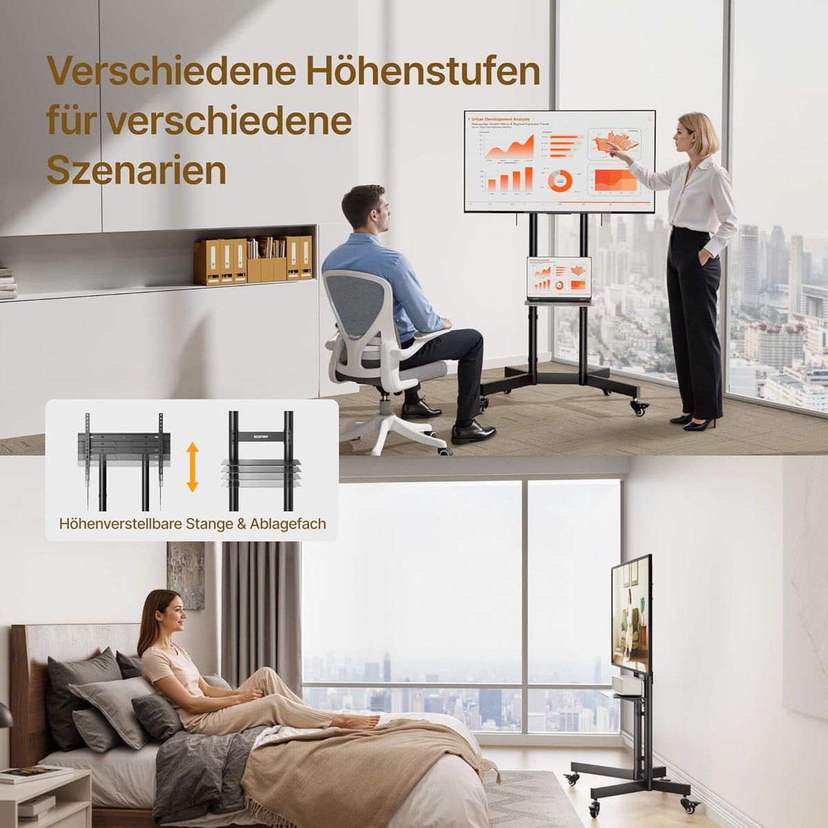 In hoogte verstelbare mobiele tv-standaard oprolbaar voor 32-86 inch televisie, tot 90 kg draagvermogen, helling +5°/-10°, veiligheidsvergrendeling, met wielen en plank, max. VESA 600x400mm