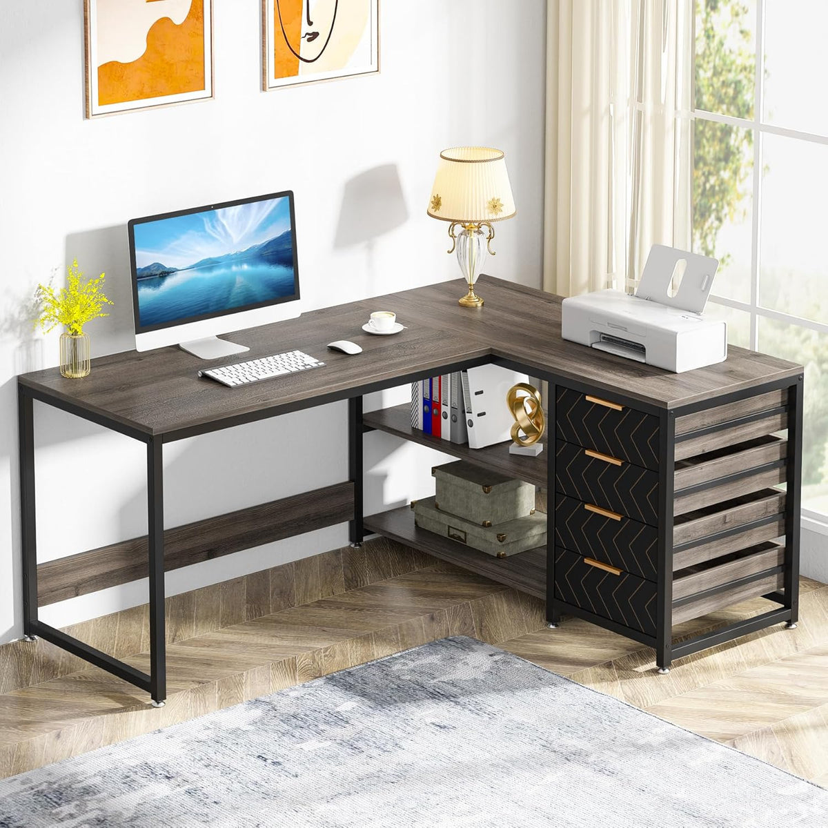 Tribesigns L-Shape Corner Desk with Shelves, Reversible L-Shape, with Monitor Stand and Shelves, for Office, Home, Brown, 150 x 120 x 75 cm (Grey)
