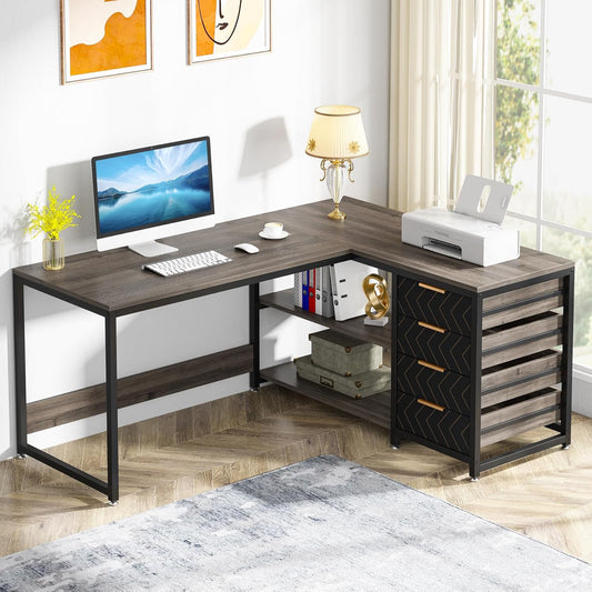 Tribesigns L-Shape Corner Desk with Shelves, Reversible L-Shape, with Monitor Stand and Shelves, for Office, Home, Brown, 150 x 120 x 75 cm (Grey)