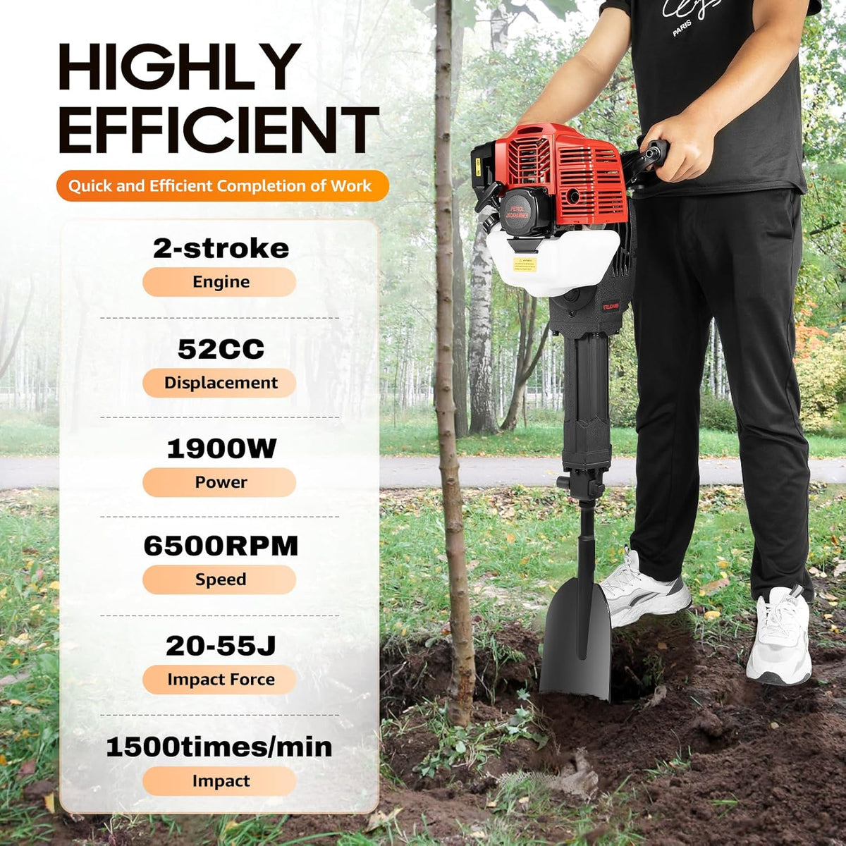 OUKANING Petrol Garden Tree Digging, 52 cc, 2 Strips, Pole Hole Digging, Petrol, 1.3 L, Tank, 1900 W, Excavator, Hand Excavator, 1500 Times/Min, Earth Drill, Tree Plant Shovel, Hand Digging Cutter - QUORE