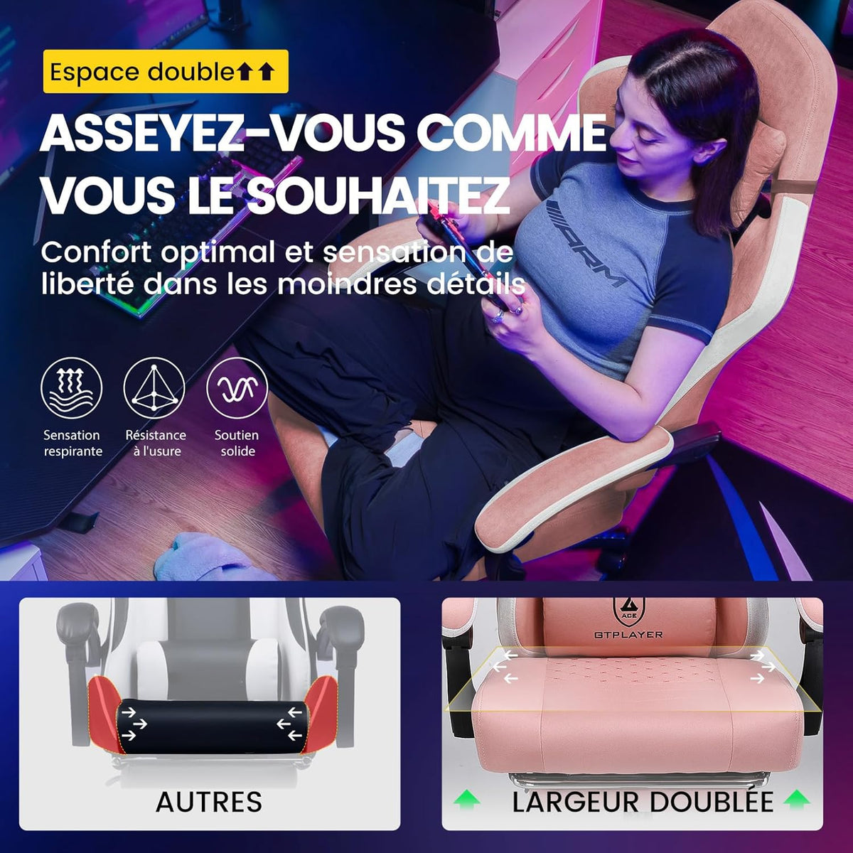 GTPLAYER Ergonomic gaming chair with fabric surface, seat cushion with springs, connecting armrests and footrest, pink - QUORE
