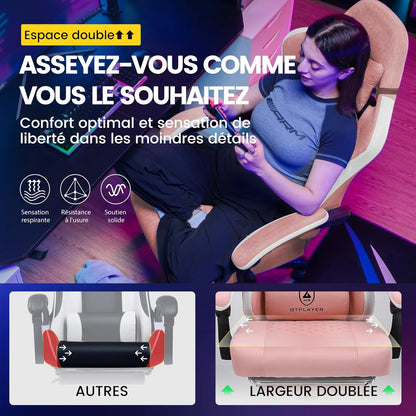GTPLAYER Ergonomic gaming chair with fabric surface, seat cushion with springs, connecting armrests and footrest, pink - QUORE