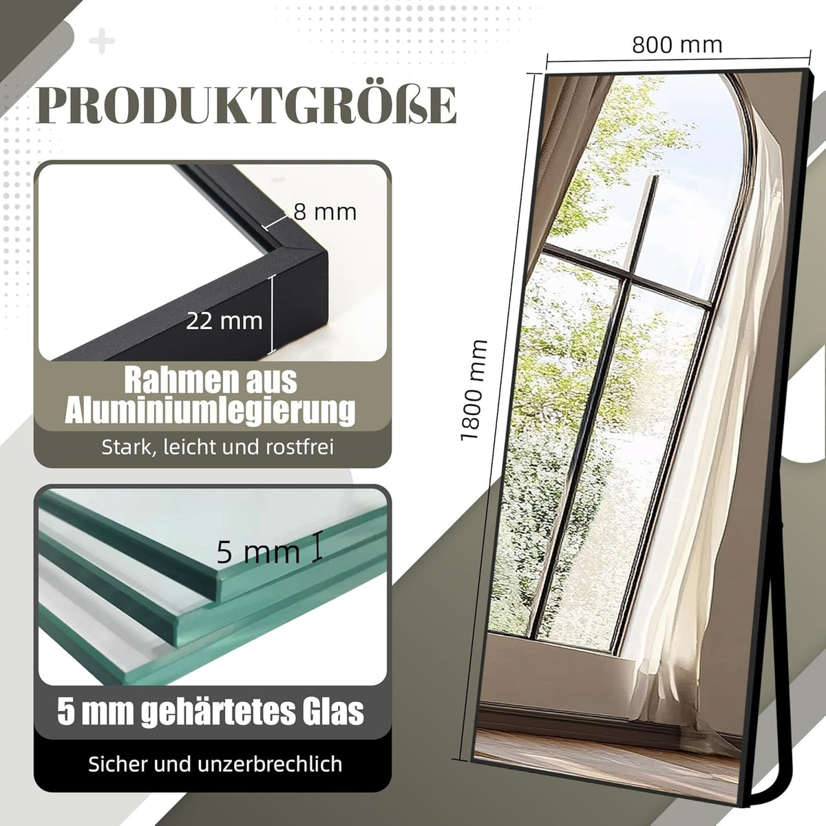 Staande Spiegel – Lichaamsspiegel – Vloerspiegel – Wandspiegel – Passpiegel – 180 x 80 cm – Explosiebestendig Nanoglas – Zwart Aluminium Frame