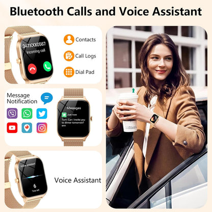 CASCHO Smartwatch voor dames, 1,85 inch smartwatch met bluetooth-oproepen/assistent, 120+ sportsmartwatch met stappenteller, slaap-/hartslagmeter, verguld en lichtroze