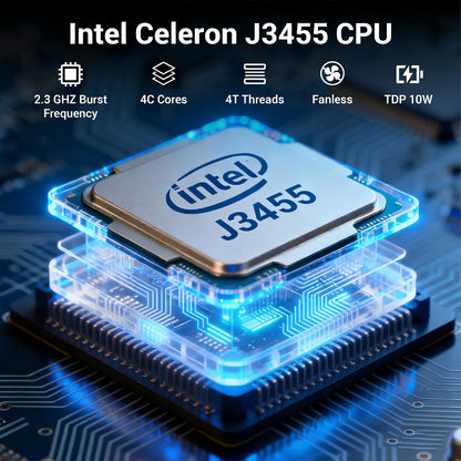 Fanless Mini PC Stick, Intel Celeron J3455 Quad-Core 1,5-2,3 GHz, 4 GB RAM 64 GB eMMC, Dual Gigabit Ethernet, 4K 60Hz HDMI, WiFi BT 5.0, USB 3.0 x2, Win 10 Pro voor zakelijke, industriële en