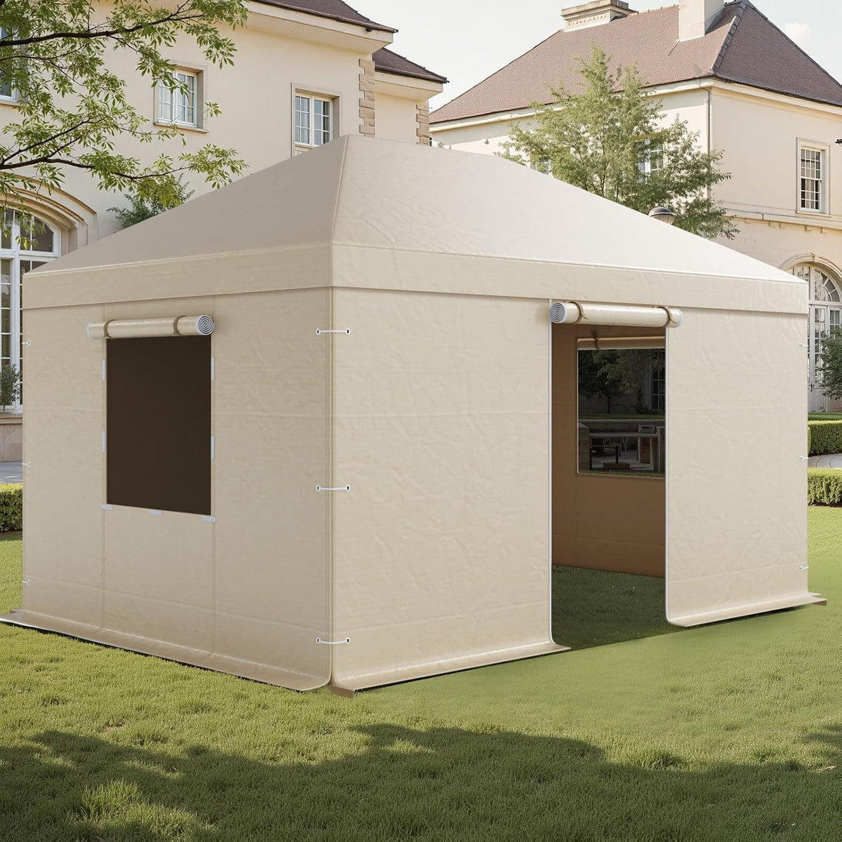 VEVOR Winterpaviljoenhoes past 3 x 4,3 m hardtop tuinhuisjes, all-weather tuinhuisjehoes met zijwanden en gaasramen, PE-materiaal met hoge dichtheid, gesloten opbergafdekkingen, tuinhuisjes niet