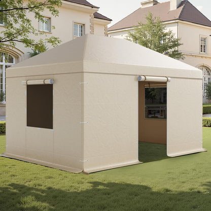 VEVOR Winterpaviljoenhoes past 3 x 4,3 m hardtop tuinhuisjes, all-weather tuinhuisjehoes met zijwanden en gaasramen, PE-materiaal met hoge dichtheid, gesloten opbergafdekkingen, tuinhuisjes niet