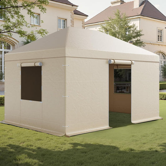 VEVOR Winterpaviljoenhoes past 3 x 4,3 m hardtop tuinhuisjes, all-weather tuinhuisjehoes met zijwanden en gaasramen, PE-materiaal met hoge dichtheid, gesloten opbergafdekkingen, tuinhuisjes niet