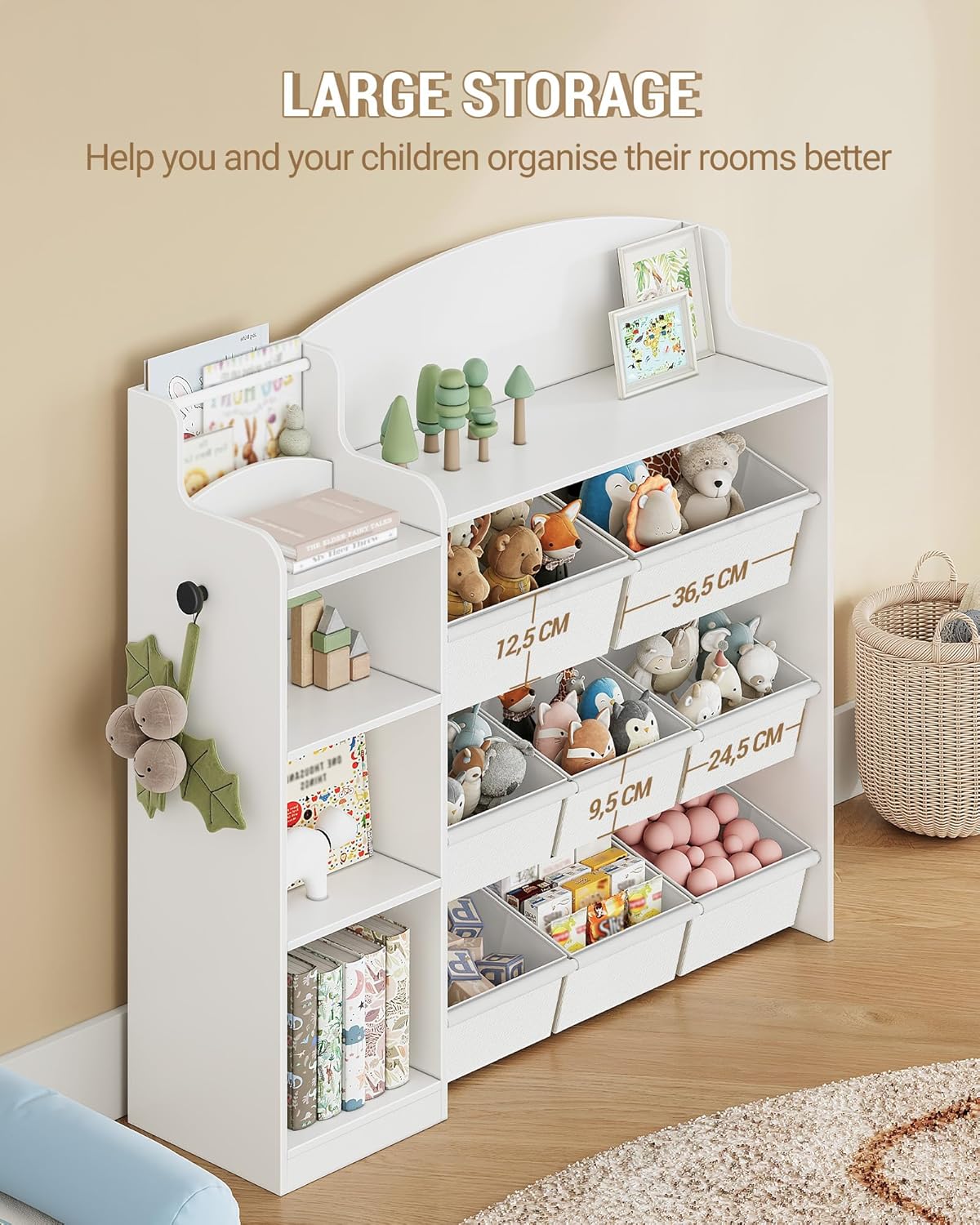 Hzuaneri Children's Bookshelf, Wooden Bookshelf, Toy Shelf with 8 Non-woven Boxes, Suitable for Children's Room, Living Room, Study Room White 30 x 110 x 104 cm KB42003W