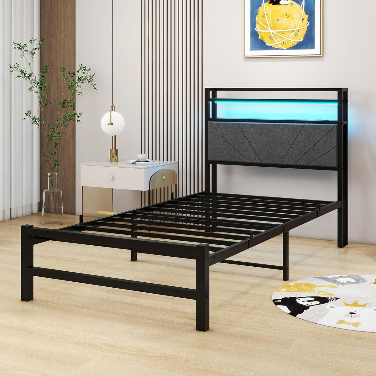 Gestoffeerd bed, 90 x 200 cm, metalen bed, eenpersoonsbed, bedframe met led en laadstation, bedframe met opbergruimte, tienerbed, logeerbed, bedframe met hoofdeinde, donkergrijs