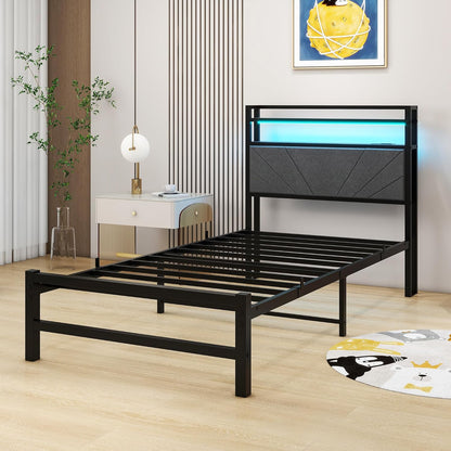 Gestoffeerd bed, 90 x 200 cm, metalen bed, eenpersoonsbed, bedframe met led en laadstation, bedframe met opbergruimte, tienerbed, logeerbed, bedframe met hoofdeinde, donkergrijs