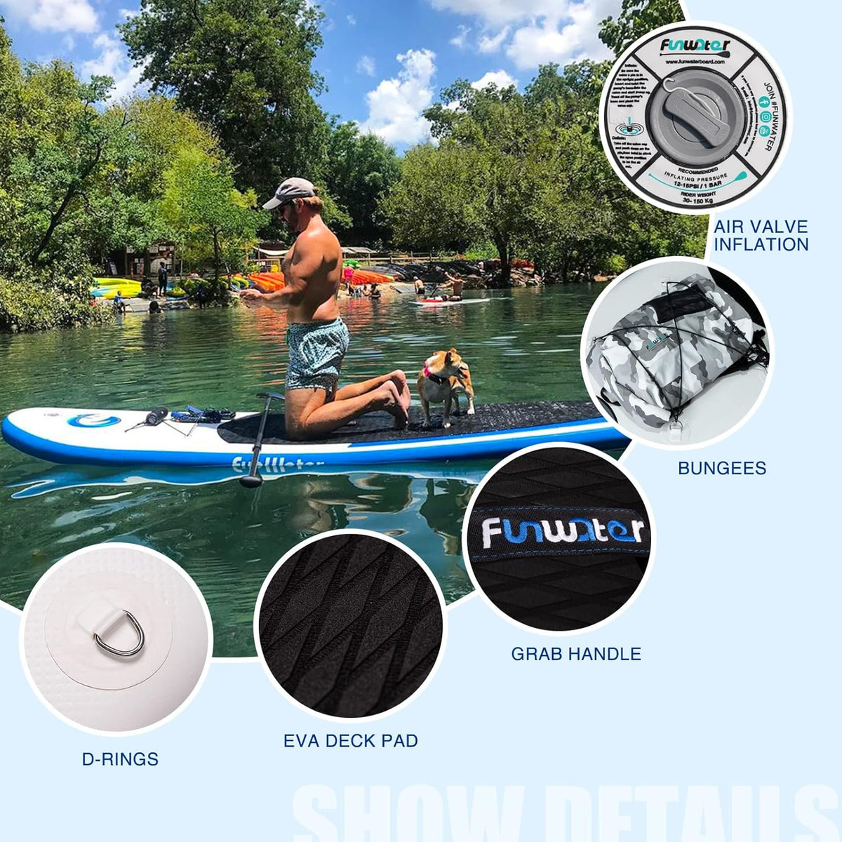 FunWater Opblaasbaar stand-up paddleboard met verstelbare peddel, handpomp, antislip EVA-plank, veiligheidslijn, voor volwassenen