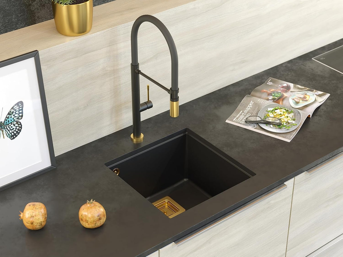 Quadron Wastafel granieten spoelbak spoelbak keuken | Grootte 55 x 42 x 22,5 cm Kleur: zwart & goud | DAVID 50 enkele gootsteen | granieten spoelbak | met handmatige sifon