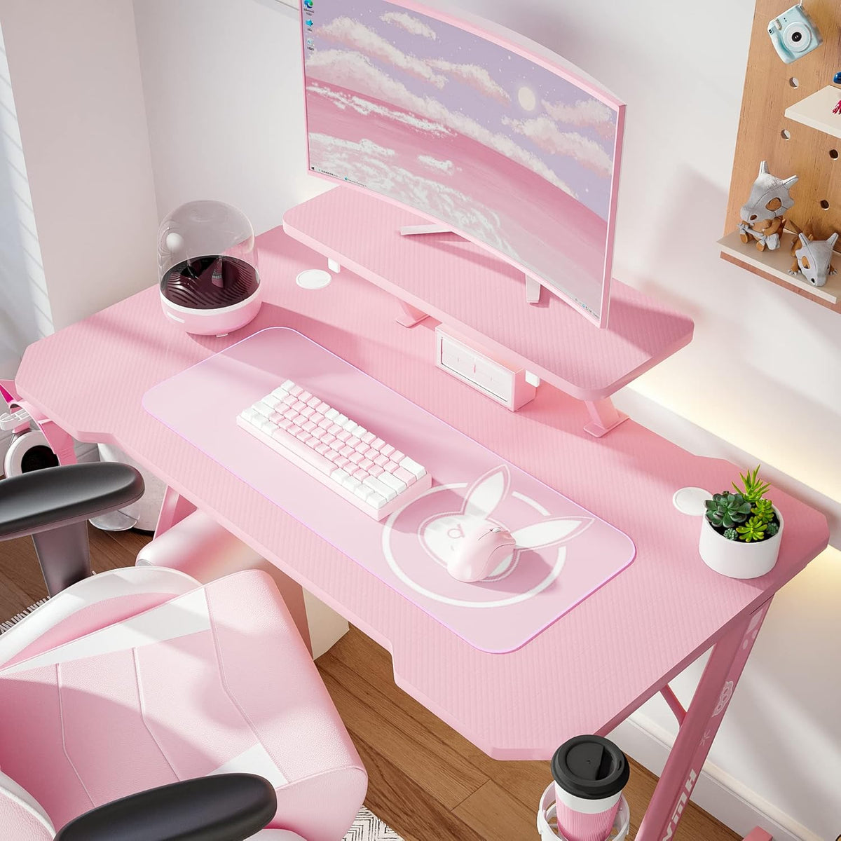 Intimate WM Heart Gaming Bureau, grote ergonomische gaming computer bureau, koolstofvezel tafelblad E-Sports bureau met verstelbare monitor plank, draaibare oortelefoon, beker, handvat houders, roze