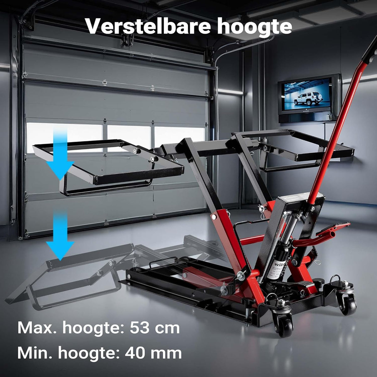 Wiltec 3-in-1 hydraulische lift voor zitmaaiers en motorfietsen, motorlift tot 300 kg, machinekrik met een hefhoogte tot 53 cm, mobiele zitmaaierkrik voor grasmaaiers, motoren, ATV's