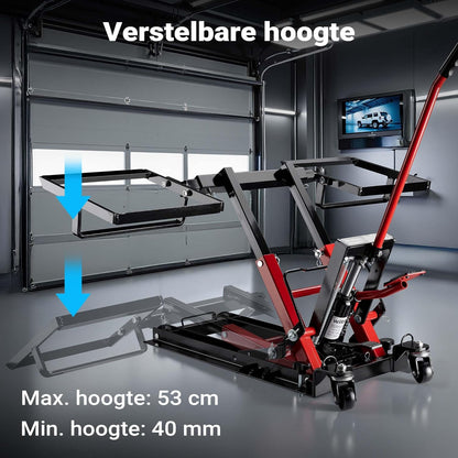 Wiltec 3-in-1 hydraulische lift voor zitmaaiers en motorfietsen, motorlift tot 300 kg, machinekrik met een hefhoogte tot 53 cm, mobiele zitmaaierkrik voor grasmaaiers, motoren, ATV's