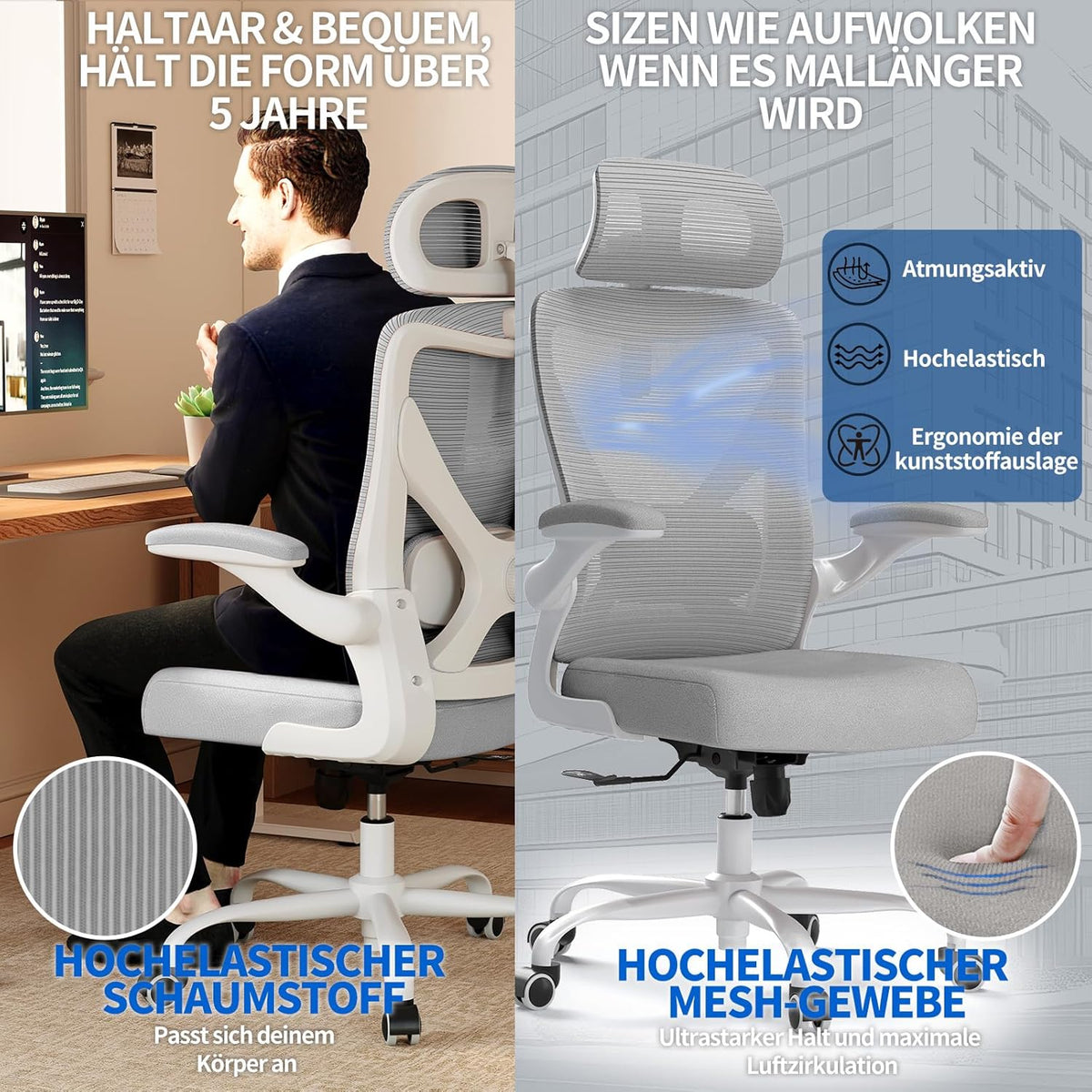 Bureaustoel – Ergonomische Bureaustoel – Gamestoel – Computerstoel – Office Chair – Verstelbare Lendensteun – 3D Hoofdsteun – Max. 150 kg – Grijs Mesh