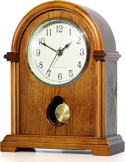 Grandfather Mantel Clock with Hour/Quarter-Hour Chime,Elegant Wooden Frame,Gold-Tone Pendulum Table Clocks Battery Operated,Desk Shelf Vintage Clock for Living Room,Home Decor Gift